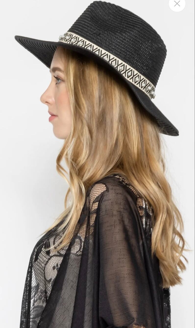 Do Everything In Love Black Fedora Rancher Hat, Pearl Accent Band, Boho Western